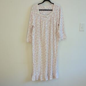 Eileen West White Nightgown Pink Floral Girly Lace Cotton Ruffles Cottage Medium